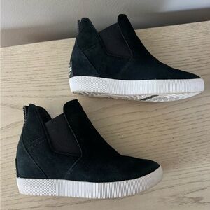 Sorel Black Suede Wedge Booties with White Rubber Sole